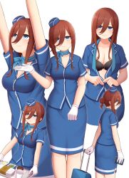 1girl absurdres arms_up ass atorie black_bra blue_eyes blue_hat blue_scarf blue_skirt bra breasts brown_hair cleavage closed_mouth flight_attendant food gloves go-toubun_no_hanayome hat highres holding holding_tray large_breasts long_hair looking_at_viewer multiple_views nakano_miku pencil_skirt rolling_suitcase scarf short_sleeves simple_background skirt suitcase travel_attendant tray underwear white_background white_gloves