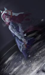 Rule 34 | 1girl, 3year etarou, absurdres, brown hair, floating clothes, floating hair, green eyes, hair over shoulder, highres, holding, holding ribbon, long bangs, long hair, long sleeves, looking at viewer, low ponytail, mole, multicolored hair, night, ocean, parted lips, ponytail, purple sailor collar, purple shirt, purple skirt, purple thighhighs, red ribbon, ribbon, sailor collar, school uniform, shirt, shirt tucked in, skirt, solo, still in love (umamusume), streaked hair, thighhighs, tracen school uniform, umamusume, veil, very long hair, water, watermark, white hair, white veil