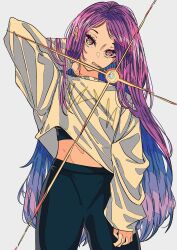 1girl arm_at_side artdroiiid_ii black_leggings black_sports_bra blue_hair cigarette colored_inner_hair commentary cowboy_shot diffraction_spikes hair_over_shoulder hand_on_own_neck highres leggings long_hair long_sleeves looking_at_viewer midriff_peek multicolored_eyes multicolored_hair original parted_bangs puffy_long_sleeves puffy_sleeves purple_eyes purple_hair simple_background sleeves_past_wrists smoking solo sports_bra sports_bra_peek standing straight_hair sweater symbol-only_commentary very_long_hair white_background white_sweater yellow_eyes