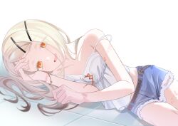 1girl absurdres blonde_hair blush bruise bruise_on_arm bruise_on_leg bruise_on_wrist camisole collarbone colored_eyelashes commentary denim denim_shorts gakuen_idolmaster gradient_hair grey_hair highres idolmaster injury la-jiao-you long_hair looking_at_viewer lying multicolored_hair on_side orange_eyes rope_belt shinosawa_hiro short_shorts shorts smile solo strap_slip swept_bangs symbol-only_commentary thighs tile_floor tiles white_camisole