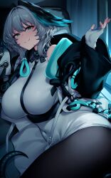 Rule 34 | 1girl, absurdres, aqua eyes, arknights, bare shoulders, black jacket, black pantyhose, breasts, closed mouth, commentary, covered navel, cowboy shot, dress, english commentary, fingerless gloves, gloves, grey dress, grey gloves, grey hair, highres, ho&#039;olheyak (arknights), infection monitor (arknights), jacket, large breasts, long sleeves, looking at viewer, mixed-language commentary, nanatsuichi, open clothes, open jacket, paid reward available, pantyhose, short hair, smile, solo, strap