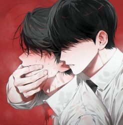 2boys aroused biting biting_another&#039;s_finger biting_another&#039;s_hand black_hair black_necktie blood blood_on_hands blush breath collared_shirt commentary_request covered_eyes covering_another&#039;s_mouth dress_shirt ear_blush fang from_side front-to-back hair_over_eyes hand_over_another&#039;s_mouth hand_up highres male_focus multiple_boys neck necktie nervous_sweating nose_blush ooe_(game) oosaki_(ooe) parted_lips pon_pacha626 portrait profile red_background red_necktie saliva saliva_on_hand shirt short_hair simple_background sweat takeshiba_(ooe) very_short_hair wet wet_clothes wet_shirt white_shirt yaoi