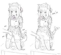 1girl 4zazil alternate_costume animal_costume animal_ears apron bite_mark blunt_bangs blush bow bowtie buttons cat_ears cleft_of_venus clitoral_stimulation collared_dress collecting_pussy_juice cup dress enmaided female_ejaculation female_orgasm fingering fins fish fish_skeleton fish_skeleton fish_tail flat_chest frilled_apron frilled_dress frills full_body gawr_gura highres hololive hololive_english holomyth kneeling lineart maid maid_apron maid_headdress monochrome motion_lines multicolored_hair on_table open_mouth orgasm panties panties_around_leg plate puffy_sleeves pussy pussy_juice pussy_juice_collection pussy_juice_in_container ribbon scar shark_costume shark_girl shark_tail sharp_teeth short_hair short_sleeves side_ponytail sidelocks simple_background sketch skirt solo sound_effects spread_legs squirting_liquid streaked_hair table tail tea teacup teeth thighhighs trembling two_side_up underwear virtual_youtuber waist_apron white_apron white_background white_hair white_thighhighs