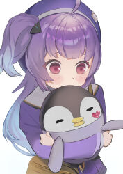 1girl ahoge beret bird bow brown_hair goddess_of_victory:_nikke hair_ornament hat highres jacket long_hair long_sleeves looking_at_viewer nihine_(u-u115) penguin purple_hair red_eyes rei_(nikke) school_uniform shirt skirt standing white_shirt