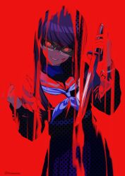1girl absurdres blood blood_on_face crazy_eyes crazy_smile female_focus glasses hands_up highres holding holding_sword holding_weapon long_hair looking_at_viewer purple_hair red_background red_eyes shizuhara_hiruko simple_background smile solo solo_focus sword the_hundred_line_-last_defense_academy- weapon