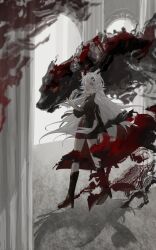 abstract animal_ears arknights black_shirt boots from_side hair_between_eyes hand_up high_heel_boots high_heels highres indoors lappland_(arknights) long_hair looking_at_viewer messy_hair shadow shirt tagme