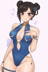 Rule 34 | 1girl, artist logo, belly chain, belt, black hair, blue one-piece swimsuit, bracelet, breasts, brown eyes, capcom, center opening, chun-li, cleavage, collarbone, commentary, double bun, earrings, english commentary, groin, hair bun, hair rings, highleg, highleg one-piece swimsuit, highres, jewelry, logo, looking at viewer, luci (purrlucii), one-piece swimsuit, single earring, smile, solo, street fighter, swimsuit, thigh belt, thigh strap, thighs