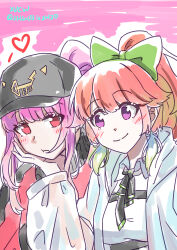 2girls absurdres alternate_costume blush breasts couple earrings feather_earrings feathers gradient_hair hat highres hololive hololive_english jewelry large_breasts long_hair looking_at_viewer mori_calliope mori_calliope_(streetwear) multicolored_hair multiple_girls official_alternate_costume open_mouth orange_hair pink_hair purple_eyes smile takanashi_kiara virtual_youtuber xu_chin-wen yuri