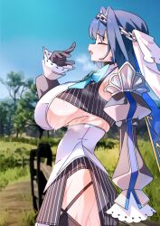 Rule 34 | 1girl, black gloves, black shirt, blue bow, blue eyes, blue hair, blue sky, blurry, blurry background, blush, bow, bow earrings, breasts, breath, chain, chain headband, commentary, cowboy shot, crop top, day, detached sleeves, earrings, english commentary, fang, from side, gloves, gurumie, hair intakes, hand up, high-waist skirt, highres, hololive, hololive english, horizontally flipped, hot, huge breasts, jewelry, long sleeves, open mouth, ouro kronii, ouro kronii (1st costume), outdoors, photo background, pinstripe pattern, pinstripe shirt, profile, puffy long sleeves, puffy sleeves, shirt, short hair, skin fang, skirt, sky, sleeveless, sleeveless shirt, solo, sweat, underboob, veil, very sweaty, virtual youtuber, white shirt, white veil