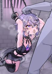 1boy 1girl armpits bandaid bandaid_on_face bdsm blush chain chained_wrists chest_jewel cum cum_in_mouth cum_on_body cum_on_hair detached_collar dungeon facial flat_chest frills gem grabbing_another&#039;s_hair heart heart-shaped_pupils highres hololive hololive_english jewel_under_eye kneeling koseki_bijou koseki_bijou_(casual) loli moral_cacoethes open_mouth purple_eyes purple_hair short_hair single_thighhigh skirt strap symbol-shaped_pupils thighhighs tongue tongue_out trembling virtual_youtuber zipper_skirt