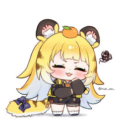 1girl :d animal_ear_fluff animal_ears black_gloves black_shorts blonde_hair blue_shoes blush bow chibi chibi_only closed_eyes commentary elbow_gloves fang fingerless_gloves food food_on_head fruit fruit_on_head full_body gloves hand_up hue_oo jacket ju_fufu long_hair object_on_head open_mouth orange_(fruit) purple_bow shoes short_sleeves shorts simple_background skin_fang smile socks solo squiggle standing symbol-only_commentary tail tail_bow tail_ornament thigh_strap tiger_ears tiger_girl tiger_tail twitter_username white_background white_socks yellow_jacket zenless_zone_zero