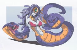 1girl absurdres abysswatchers blue_hair breasts cleavage colored_skin commission dark_blue_hair duel_monster fang fangs forehead_jewel grey_skin highres jewelry lamia large_breasts long_hair long_tail looking_at_viewer monster_girl navel red_eyes scale simple_background slit_pupils smile snake snake_hair solo tail vennominaga_the_deity_of_poisonous_snakes yu-gi-oh!