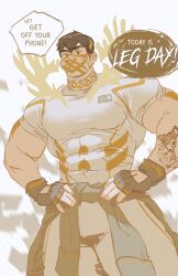 Rule 34 | 1boy, abs, antlers, arm tattoo, bara, blush, clothes around waist, commentary, eikthyrnir (fire emblem), english commentary, english text, fingerless gloves, fire emblem, fire emblem heroes, gloves, grey gloves, hands on own hips, highres, hoonzino, horns, jacket, jacket around waist, looking at viewer, male focus, mask, mouth mask, muscular, muscular male, nintendo, pants, pectorals, shirt, speech bubble, tattoo, white background, white pants, white shirt