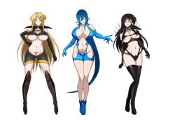 3girls aged_up black_hair blonde_hair blue_eyes blue_hair blush breasts covered_erect_nipples gloves hair_between_eyes high_school_dxd kalawarner large_breasts long_hair mittelt multiple_girls pubic_tattoo purple_eyes raynare redesign smile stomach_tattoo tattoo thighhighs very_long_hair yellow_eyes yxyyxy