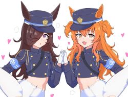 :o animal_ears armband belt black_hair blue_hat blue_jacket commentary cosplay dewanewbie ears_through_headwear fang gloves hair_over_one_eye hat heart highres hikari_(blue_archive) hikari_(blue_archive)_(cosplay) holding_hands horse_ears horse_girl hoshitani_mio iwami_manaka jacket kepi leg_hold leg_up long_hair long_sleeves looking_at_viewer mayano_top_gun_(umamusume) military_hat navel no_pants nozomi_(blue_archive) nozomi_(blue_archive)_(cosplay) open_mouth orange_eyes orange_hair panties pantyhose purple_eyes rice_shower_(umamusume) sam_browne_belt skin_fang smile standing torn_clothes torn_pantyhose two_side_up umamusume underwear voice_actor_connection white_background white_gloves white_panties
