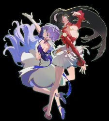 2girls astra_yao black_background black_hair blue_footwear blue_hair breasts cleavage commentary_request company_connection dress earrings gloves green_eyes hairband halo head_wings high_heels honkai:_star_rail honkai_(series) jacket jewelry large_breasts long_hair mihoyo multiple_girls open_mouth pagye purple_footwear red_eyes red_jacket robin_(honkai:_star_rail) trait_connection white_dress white_gloves white_hairband wings zenless_zone_zero