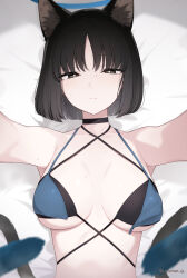 1girl animal_ear_fluff animal_ears armpits arms_up bare_arms bare_shoulders bed_sheet bikini black_bikini black_choker black_hair black_tail blue_archive blue_bikini blue_halo blue_tail blunt_bangs blush breasts cat_ears cat_girl cat_tail choker closed_mouth colored_inner_animal_ears enosan from_above gradient_tail halo halterneck highres kikyou_(blue_archive) kikyou_(swimsuit)_(blue_archive) looking_at_viewer lying medium_breasts multiple_tails official_alternate_costume on_back on_bed reaching reaching_towards_viewer short_hair smile solo swimsuit tail two_tails upper_body