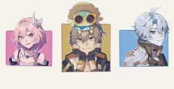Rule 34 | 1girl, 1other, 2boys, animal ears, animal nose, antenna hair, armor, bare shoulders, black choker, black coat, black gloves, blue background, blue eyes, blue fur, blue gemstone, blue hair, blush, border, brown hat, bubbles (honkai: star rail), caelus (honkai: star rail), chimera (honkai: star rail), choker, clenched hands, closed mouth, clothes down, coat, collarbone, cyrene (honkai: star rail), dress, fingerless gloves, gem, gloves, gold necklace, hair ribbon, hands on own face, hands up, hat, highres, honkai: star rail, honkai (series), hood, hooded coat, innertube, jacket, jewelry, kazune0v0, lapels, long sleeves, looking at animal, looking at viewer, looking up, multicolored hair, multiple boys, necklace, open clothes, open coat, open jacket, open mouth, outside border, phainon (honkai: star rail), pink background, pink hair, ribbon, round eyewear, shirt, shoulder armor, sidelocks, simple background, sleeveless, sleeveless dress, smile, star (symbol), star print, streaked hair, sun hat, sun symbol, sunglasses, swim ring, t-shirt, tail, trailblazer (honkai: star rail), two-sided coat, two-sided fabric, two-tone fur, upper body, white border, white dress, white fur, white hair, white jacket, white ribbon, white shirt, yellow-framed eyewear, yellow background, yellow coat