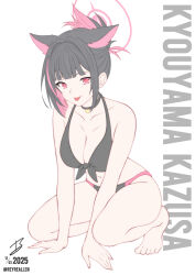 1girl :p absurdres alternate_costume alternate_hairstyle animal_ears arm_support bare_arms bare_legs bare_shoulders bikini black_bikini black_choker black_hair blue_archive blunt_bangs blunt_ends breasts bright_pupils cat_choker cat_ears cat_girl character_name choker cleavage closed_mouth collarbone colored_inner_animal_ears colored_inner_hair commentary convenient_arm curvy english_commentary extra_ears folded_ponytail front-tie_bikini_top front-tie_top full_body hair_intakes halo halterneck highres kazusa_(blue_archive) kneeling large_breasts looking_at_viewer multicolored_bikini multicolored_hair navel pink_bikini pink_hair pink_halo ponytail realen red_eyes short_hair sidelocks signature simple_background smile solo swimsuit thighs tiptoes toes tongue tongue_out twitter_username two-tone_bikini two-tone_hair white_background