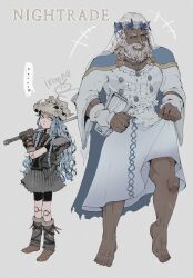 Rule 34 | ..., 1boy, 1girl, axe, barefoot, beard, blue cape, blue eyes, blue hair, braid, cape, clothes lift, cosplay, costume switch, doll joints, dress, dress lift, elden ring, elden ring nightreign, english text, facial hair, flower wreath, fur trim, grey hair, grin, head wreath, height difference, highres, holding, holding axe, holding instrument, holding lyre, instrument, ironna r, jewelry, joints, low twin braids, lyre, notice lines, raider (elden ring), red eyes, revenant (elden ring), signature, simple background, skull, skull on head, smile, standing, twin braids, veil, white dress, white veil