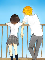Rule 34 | 1boy, 1girl, 3 (200870239), back, black hair, bleach, kuchiki rukia, kurosaki ichigo, orange hair, railing, school uniform, short hair