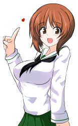 1girl absurdres aikir_(jml5160) black_neckerchief blush breasts brown_eyes brown_hair girls_und_panzer green_skirt highres large_breasts long_sleeves neckerchief nishizumi_miho ooarai_school_uniform open_mouth pleated_skirt pointing pointing_up school_uniform serafuku short_hair skirt smile white_serafuku