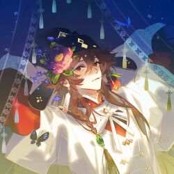 1boy arms_behind_head black_hat blue_butterfly braid branch brown_hair bug butterfly chinese_clothes curtains double-parted_bangs earrings flower futou hair_between_eyes hair_flaps hair_flower hair_ornament hanfu hat highres insect jewelry layered_sleeves leaf light_smile long_hair long_sleeves looking_at_viewer lying male_focus mouth_hold on_back peony_(flower) pink_flower procreate_(medium) purple_flower red_eyes red_robe robe scholar&#039;s_congee_(the_tale_of_food) see-through_curtains short_over_long_sleeves short_sleeves shuling side_braid sideways_glance solo stalk_in_mouth tassel the_tale_of_food upper_body white_robe wide_sleeves yuanlingpao
