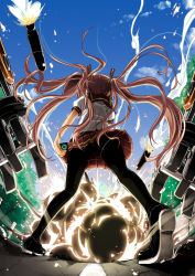 10s 1girl ano_natsu_de_matteru ask02 azuma_sawayoshi back black_pantyhose brown_hair explosion female_focus from_behind from_below highres long_hair missile panties panties_under_pantyhose pantyhose pantyshot ribbon rocket school_uniform skirt solo twintails underwear upskirt weapon yamano_remon