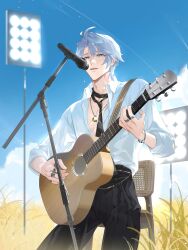 1boy absurdres acoustic_guitar antenna_hair black_necktie black_pants blue_eyes blue_sky collared_shirt commentary ear_piercing english_commentary gold_necklace gold_ring guitar highres holding holding_guitar holding_instrument honkai:_star_rail honkai_(series) instrument jewelry male_focus microphone microphone_stand multiple_rings music neck_tattoo necklace necktie official_alternate_costume outdoors pants parted_bangs partially_unbuttoned pectoral_cleavage pectorals phainon_(anan)_(honkai:_star_rail) phainon_(honkai:_star_rail) piercing playing_instrument ring shirt short_hair singing sky sleeves_rolled_up solo sun_symbol sun_tattoo tan tattoo white_hair white_shirt xiniu_kuangben_bawanli