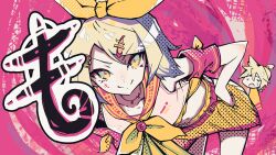 1boy 1girl absurdres belt blonde_hair bow chibi chibi_inset clothes_writing collarbone green_eyes hair_bow hair_ornament hairclip halftone halka hands_on_own_hips highres kagamine_len kagamine_rin leaning_in medium_hair midriff navel neckerchief necktie parted_bangs pink_arm_warmers pink_background pink_belt pink_theme shirt shorts smile solo_focus sweatdrop thighs vocaloid white_shirt yellow_bow yellow_neckerchief yellow_necktie yellow_shorts yellow_theme