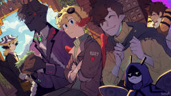 6+boys :3 ^_^ absurdres animification antennae ascot bee_boy bee_wings bird_boy bird_wings black_hair black_skin black_wings block_(minecraft) blonde_hair blue_eyes blue_wings blush brown_hair brown_jacket cape closed_eyes coat colored_skin commentary crossed_arms eye_of_ender fang fur-trimmed_jacket fur_trim goggles goggles_on_head green_sweater grey_hair grey_skin hashtag-only_commentary head_wings highres hood hood_up horns insect_wings jacket kotya_(kotyaaaaaaaaaal) looking_at_viewer male_focus medium_hair minecraft minecraft_youtube mini_person miniboy monster_boy moth_boy moth_wings multiple_boys origins_smp outdoors ph1lza ph1lza_(elytrian) pointy_ears ponytail purple_coat ranboo ranboo_(enderian) red_wings short_hair short_ponytail skin_fang sky slime_boy slimecicle sneegsnag sweater tommyinnit tommyinnit_(avian) tubbo tubbo_(bumblebee) wavy_hair wilbur_soot wilbur_soot_(phantom) wings yellow_sweater