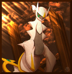 absurdres arceus closed_mouth cloud commentary_request creatures_(company) from_below game_freak gen_4_pokemon highres legendary_pokemon light_beam mizunogoke mythical_pokemon nintendo no_humans pillar pokemon pokemon_(creature) red_eyes sky solo watermark