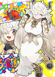 1girl absurdres ahoge animal_ears ball black_horns boots bowling bowling_ball bowling_pin breasts brown_boots brown_eyes brown_ribbon closed_eyes dress excited gloves grey_horns grin hair_over_one_eye hair_ribbon hands_up highres horns kanmoku-san kemono_friends kemono_friends_3 large_breasts long_dress long_hair multicolored_horns multiple_views neck_ribbon open_mouth own_hands_together ox_ears ox_girl ox_horns ox_tail parted_bangs ribbon shirt short_sleeves smile tail twintails very_long_hair white_dress white_hair yak_(kemono_friends) yellow_shirt