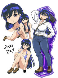 1girl :d all_fours arato_nagi belt black_gloves black_hair breasts cleavage closed_mouth collarbone collared_shirt commentary_request dated denim ear_piercing earrings gloves hair_censor hair_over_breasts hammer highres jeans jewelry knees_up kumoi_takashi large_breasts long_sleeves multiple_views open_mouth panties pants piercing purple_eyes purple_panties purple_shirt ruri_no_houseki shirt shoes simple_background sitting smile standing stud_earrings topless_female underwear white_background white_gloves white_shirt