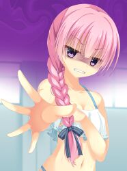 Rule 34 | 1girl, angry, aura, bare shoulders, bikini, black bow, blunt bangs, blurry, blurry background, bow, braid, braided ponytail, breasts, clenched teeth, collarbone, commentary request, covering breasts, covering privates, dark aura, eyes visible through hair, hair bow, half-closed eyes, halterneck, hands up, highres, houkiboshi, indoors, long hair, looking at viewer, low ponytail, mitsukasa ayase, navel, official alternate costume, outstretched hand, pink hair, ponytail, purple eyes, riddle joker, shaded face, small breasts, solo, striped bow, swimsuit, teeth, upper body, v-shaped eyebrows, vertical-striped bow, wet, white bikini