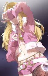 1girl absurdres ahoge arm_up belly_chain blonde_hair bra breasts closed_mouth covering_own_eyes cowboy_shot cropped_jacket crying fishnet_pantyhose fishnets hand_up highres hoshii_miki idolmaster idolmaster_(classic) idolmaster_2 jacket jewelry katsu_(kana) long_hair long_sleeves luxury_(idolmaster) navel pantyhose pink_diamond_765_(idolmaster) pink_jacket pink_shorts short_shorts shorts single_fishnet_legwear single_leg_pantyhose sleeves_past_wrists solo standing underwear yellow_bra