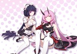 2girls ahoge arm_armor arm_support armor bare_shoulders black_dress black_footwear black_gloves black_horns blue_eyes blunt_bangs braid breasts chinese_commentary cleavage commentary_request cosplay costume_switch detached_sleeves dress elysia_(honkai_impact) feet_out_of_frame foot_out_of_frame frilled_dress frilled_gloves frilled_sleeves frills gloves hair_between_eyes halterneck hand_on_own_chest hand_on_own_chin highres honkai_(series) honkai_impact_3rd horns knees_up large_breasts long_hair long_horns looking_at_viewer luyue maid multiple_girls pauldrons pink_background pink_hair pink_pupils pointy_ears polka_dot polka_dot_background purple_eyes purple_hair raiden_mei raiden_mei_(herrscher_of_thunder) shirt shoulder_armor signature single_pauldron sitting small_horns smile thighhighs thighs white_background white_gloves white_shirt white_sleeves white_thighhighs yokozuwari