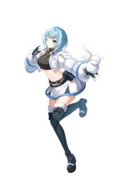 1girl belt belt_pouch black_boots black_gloves black_shirt black_thighhighs blue_eyes blue_hair boots breasts closed_mouth closers crop_top cropped_jacket full_body fur_trim gloves hand_up highres holding_snowman hood hood_down hooded_jacket jacket leg_up long_sleeves looking_at_viewer medium_breasts midriff miniskirt navel official_art one_eye_closed outstretched_arm pouch puffy_sleeves ribbed_shirt shirt short_hair skirt smile snowman solo standing standing_on_one_leg stomach thigh_boots thighhighs thighs violet_(closers) white_background white_jacket white_skirt zettai_ryouiki
