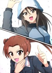 Rule 34 | 2girls, black bow, blue hat, blue jacket, bow, brown eyes, brown hair, commentary, girls und panzer, hair bow, hand on own neck, hat, highres, index finger raised, jacket, kadotani anzu, keizoku military uniform, long hair, long sleeves, looking at viewer, mika (girls und panzer), military uniform, multiple girls, omachi (slabco), ooarai military uniform, open mouth, parted bangs, raglan sleeves, simple background, smile, throat microphone, track jacket, tulip hat, twintails, white background