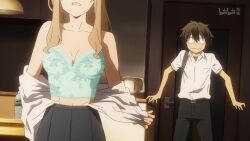 Rule 34 | 1boy, 1girl, anime screenshot, aoki clair, aqua corset, belt, black pants, black skirt, blonde hair, breasts, brown hair, cleavage, corset, glasses, gleipnir (series), indoors, kagaya shuichi, pants, school uniform, shirt, skirt, third-party edit, third-party watermark, undressing, white shirt
