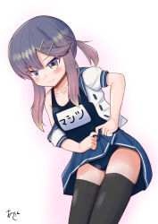 1girl akashieru black_one-piece_swimsuit black_thighhighs blue_neckerchief blue_sailor_collar blue_skirt blush gloves gradient_background gradient_hair highres kantai_collection multicolored_hair neckerchief one-piece_swimsuit orange_hair pleated_skirt purple_background purple_eyes purple_hair sailor_collar school_swimsuit school_uniform serafuku short_hair short_sleeves sidelocks skirt smile solo swimsuit swimsuit_under_clothes thighhighs tsushima_(kancolle) undressing white_gloves