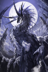 1girl absurdres black_horns dragon dress full_moon highres horns huge_moon long_hair monster moon multiple_horns night open_mouth original outdoors purple_sky purple_theme sakaya313 scenery sky white_dress white_hair