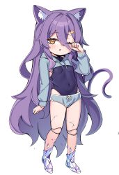 animal_ears bloomers cat_ears cat_tail commission commissioner_upload crack cropped_hoodie doll_joints hood hoodie joints leotard long_hair one_eye_closed orange_eyes original purple_hair sleepy tail underwear vieru2n