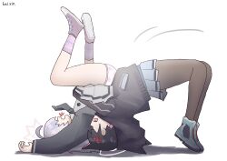 2girls absurdres ahoge anger_vein animal_ears black_hair black_jacket black_pantyhose blue_archive cat_ears cat_girl colored_inner_animal_ears colored_inner_hair from_side green_shoes highres jacket kai_xin kazusa_(blue_archive) long_hair multicolored_hair multiple_girls no_eyes open_mouth panties pantyhose pink_panties pink_shoes pink_socks reisa_(blue_archive) shirt shoes skirt socks suplex two-tone_hair underwear white_hair white_shirt white_skirt white_socks