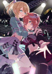 2girls :d absurdres aqua_shirt asymmetrical_clothes black_pants blonde_hair blue_eyes boots breasts center_frills collared_shirt color-coded commentary_request concert cropped_shirt crossed_bangs crowd detached_sleeves double-parted_bangs frills glowstick grin hair_between_eyes hand_around_waist head_wings highres hololive hololive_idol_uniform_(color_rise) idol_clothes indoors kazama_iroha lace-up_boots large_breasts looking_at_viewer midriff miniskirt multiple_girls nail_polish navel official_alternate_costume open_mouth pants penlight_(glowstick) pink_hair pink_wings platform_boots ponytail puffy_detached_sleeves puffy_short_sleeves puffy_sleeves purple_shirt reaching reaching_towards_viewer red_nails shirt short_hair short_sleeves single_detached_sleeve single_pantsleg single_sleeve skirt smile ta_shiuji30 takane_lui thigh_strap virtual_youtuber white_boots white_shirt white_skirt wings