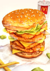 absurdres bread burger cheese chicken_(food) cup disposable_cup drinking_straw fast_food food food_focus french_fries highres kaneko_ryou lettuce mcdonald&#039;s no_humans original sesame_seeds simple_background still_life