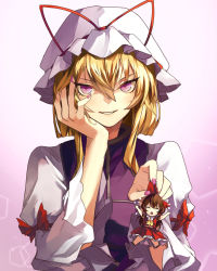 2girls armband ascot bow brown_hair collar dress eredhen frilled_collar frills gradient_background grin hair_bow hair_up hakurei_reimu hand_on_own_face hat hat_ribbon head_tilt long_hair long_sleeves looking_at_viewer midriff mini_person minigirl mob_cap multiple_girls nail_polish outstretched_arms pink_background purple_background purple_eyes purple_nails red_skirt ribbon sidelocks skirt sleeveless smile sparkle tabard touhou upper_body upset white_dress wide_sleeves yakumo_yukari
