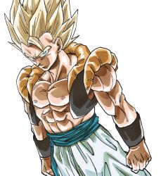 Rule 34 | 1boy, abs, black vest, blonde hair, cowboy shot, dragon ball, dragonball z, gogeta, green eyes, highres, kouji08250, male focus, medium hair, metamoran vest, muscular, muscular male, no shirt, open clothes, open vest, pants, simple background, solo, spiked hair, super saiyan, super saiyan 1, vest, white background, white pants