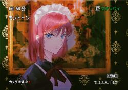 1girl apron black_dress blue_eyes closed_mouth dress expressionless film_grain hair_between_eyes highres hisui_(tsukihime) long_sleeves looking_at_viewer maid maid_apron maid_headdress neck_ribbon portrait_(object) pppeipeipipi puffy_sleeves red_hair red_ribbon ribbon short_hair solo tsukihime viewfinder white_apron