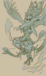 1boy animal_feet arms_up bandana beak bird_boy bird_legs bird_tail body_fur bow_(weapon) braid brown_background claws dust holding_with_feet furry furry_male happy holding holding_bow_(weapon) holding_weapon looking_down male_focus monochrome nintendo one_eye_closed open_mouth outstretched_arms quad_tails revali rito scarf short_hair shoulder_pads simple_background sketch smile solo tail the_legend_of_zelda the_legend_of_zelda:_breath_of_the_wild ukata weapon winged_arms wings wink